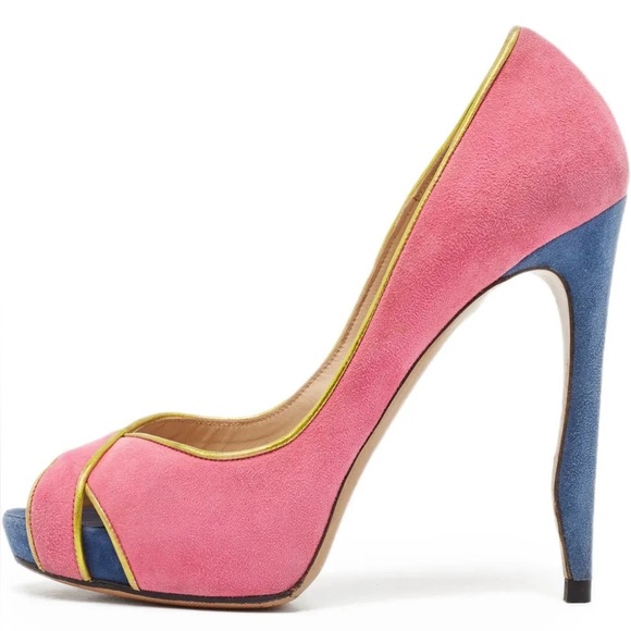 Nicholas Kirkwood pink, blue & gold suede peep toe platform heels – IT 39 (US 8) - Picture 2 of 8